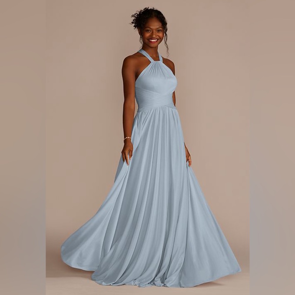 David’s Bridal Blue High-neck Mesh Bridesmaid/Prom Dress